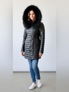 RUDSAK Lamb Leather Quilted Down Puffer Coat with real Fur Shawl Hood Size M